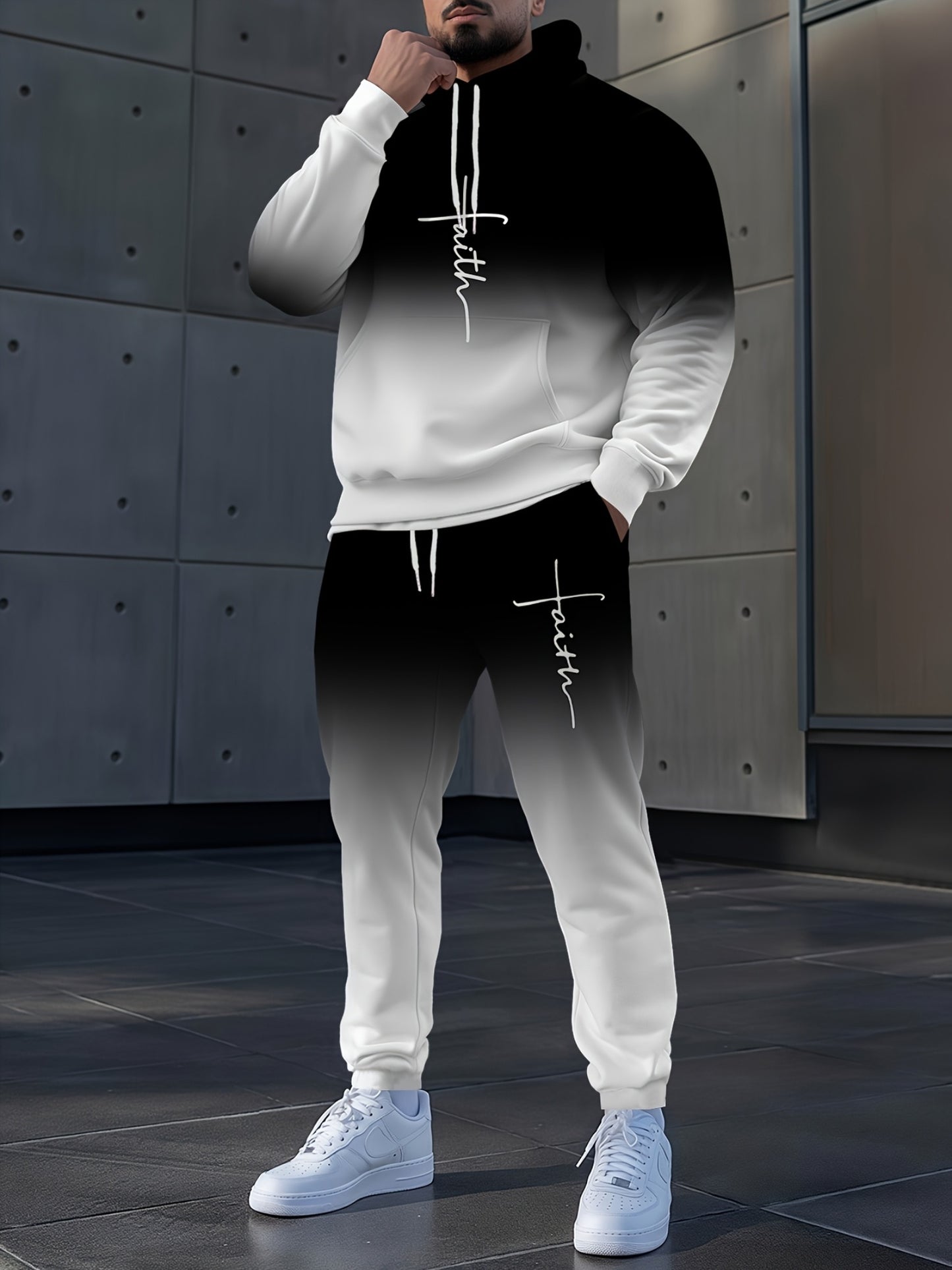 Gray Gradient Full-Body Print Hoodie & Sweatpants Set - Casual Long Sleeve Pullover