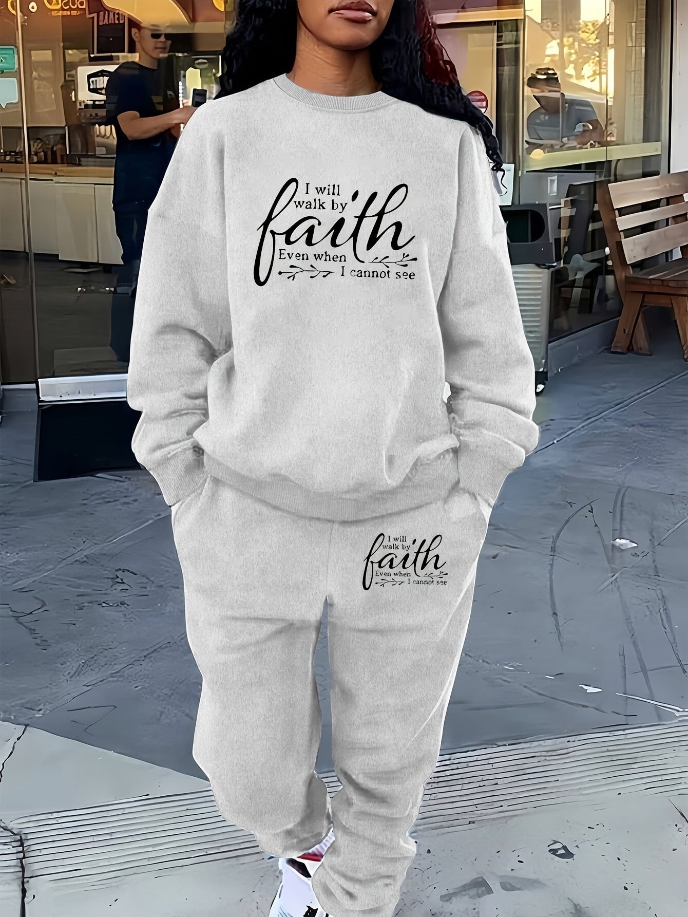 Womens Letter Print TwoPiece Set Crew Neck Sweatshirt Pants