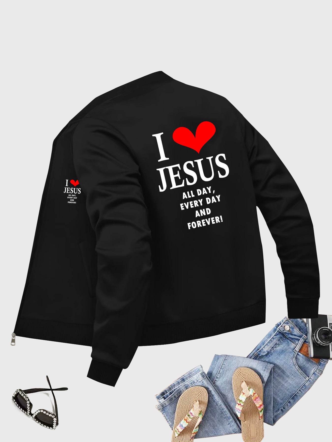 Love Heart Print Bomber Jacket Geometric Pattern Pockets