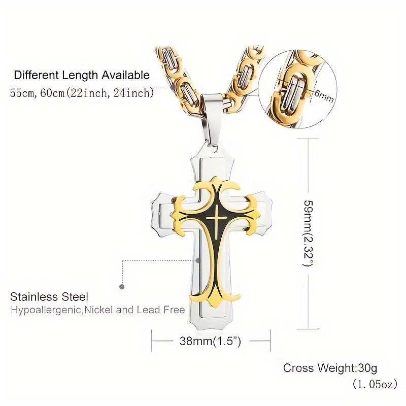 Men's Retro Cross Pendant Necklace and Simple Bracelet Set