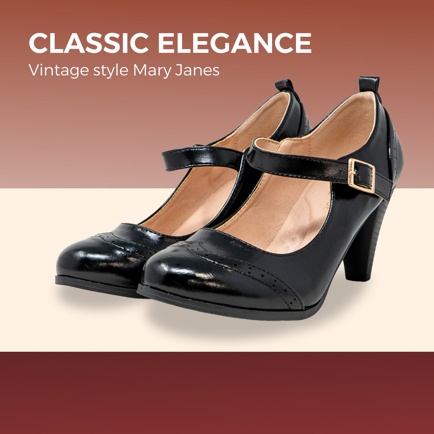 Women's Vintage Inspired Mary Jane Pumps with Wingtip Design