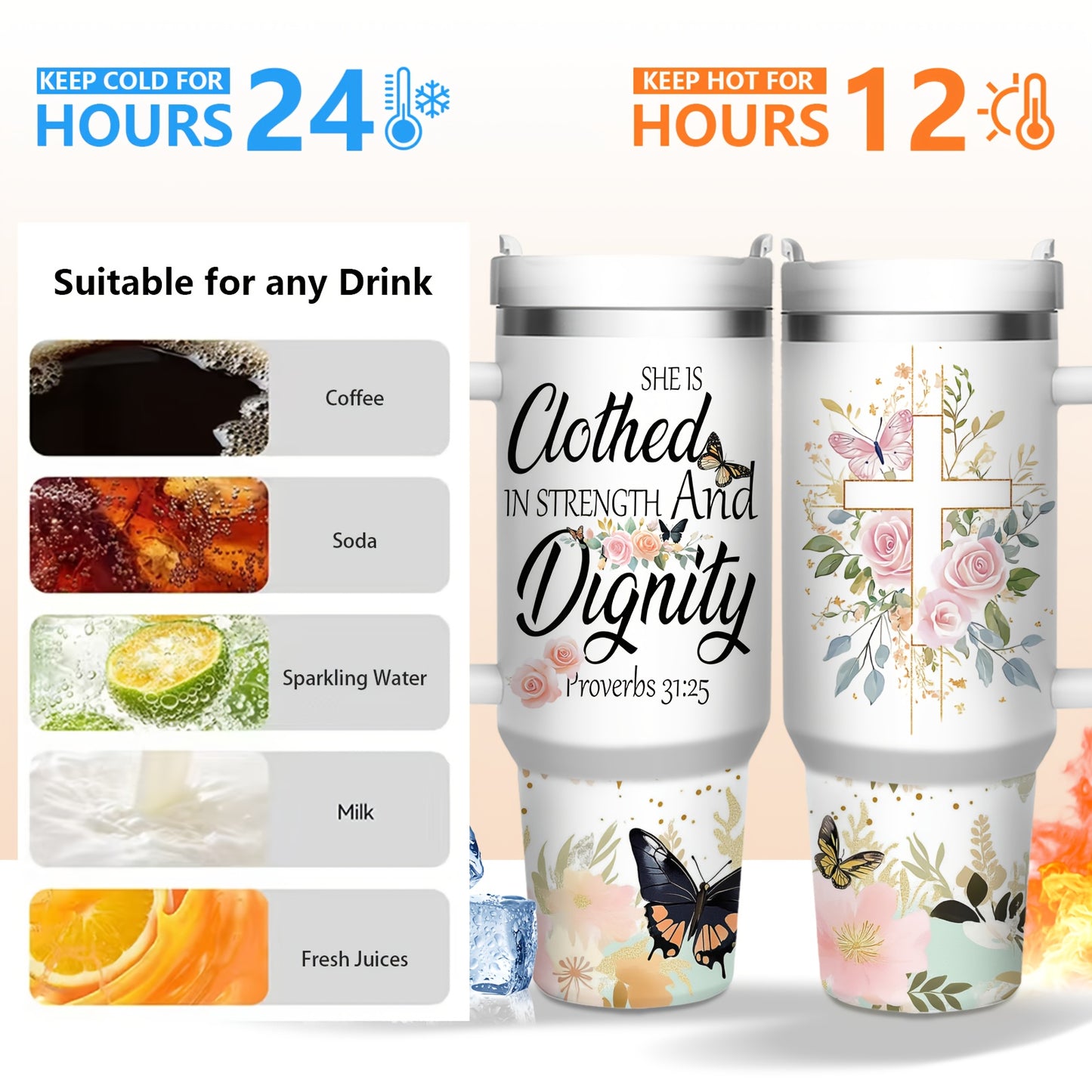 40oz Cup With Lid and Straw, "She Is Clothed In Strength And Dignity"