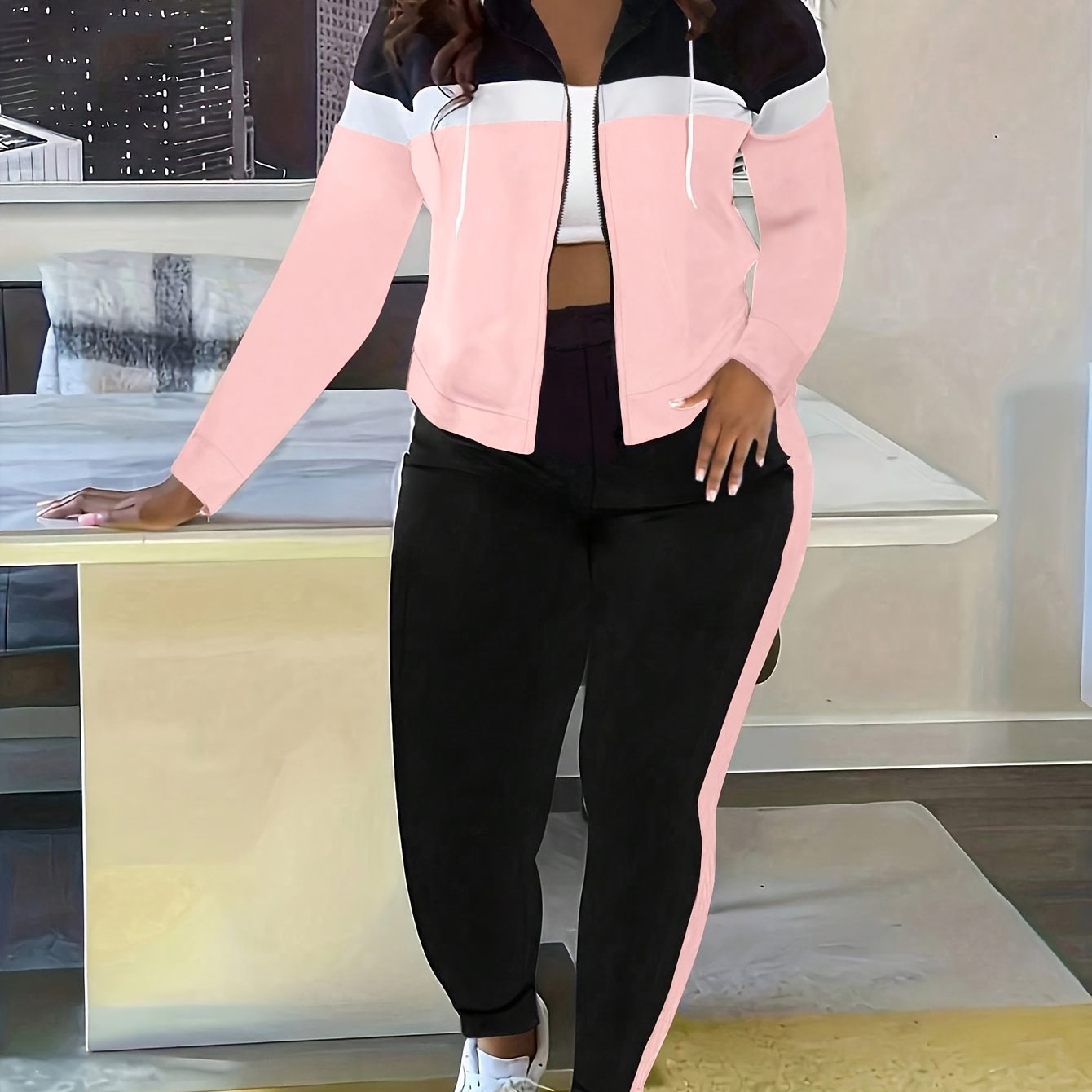 Women's Casual Striped Hooded Jacket And Pants Track Suit