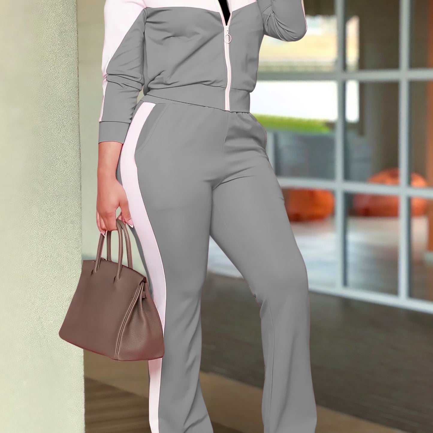 Women Fashion Sports Zip Up Jacket Casual Pants Set
