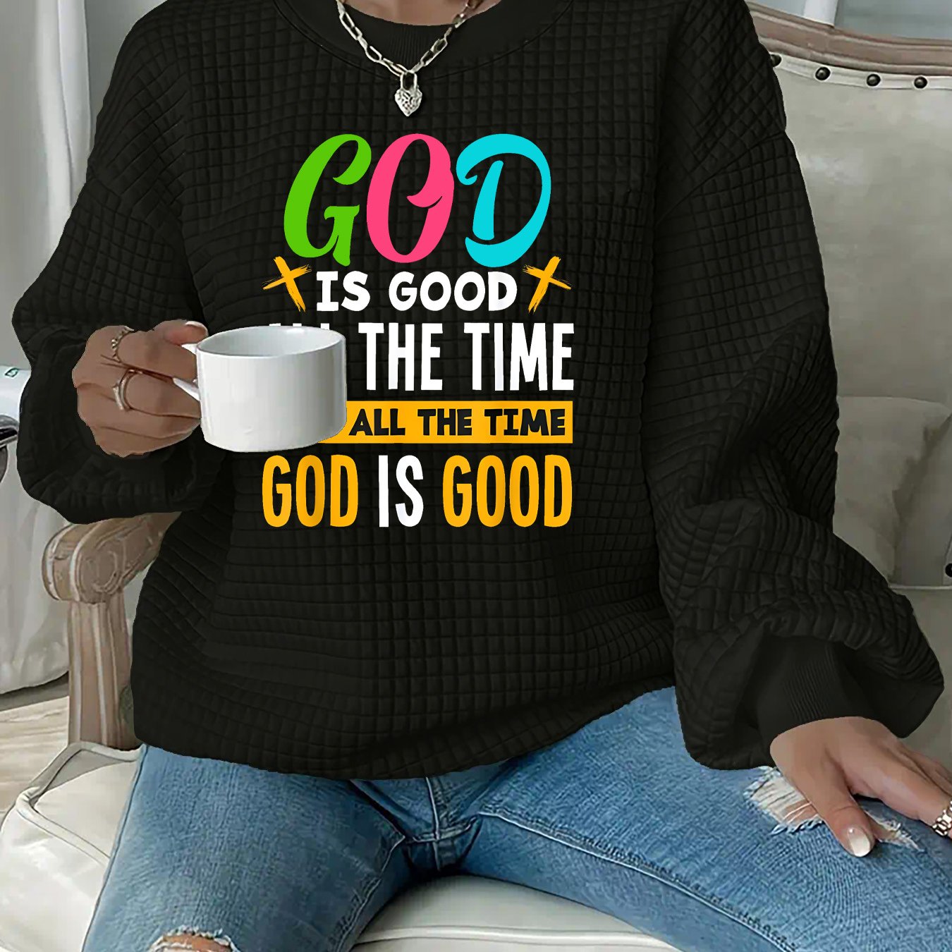 In His Divine Power Faith Graphic Knit Sweatshirt Casual