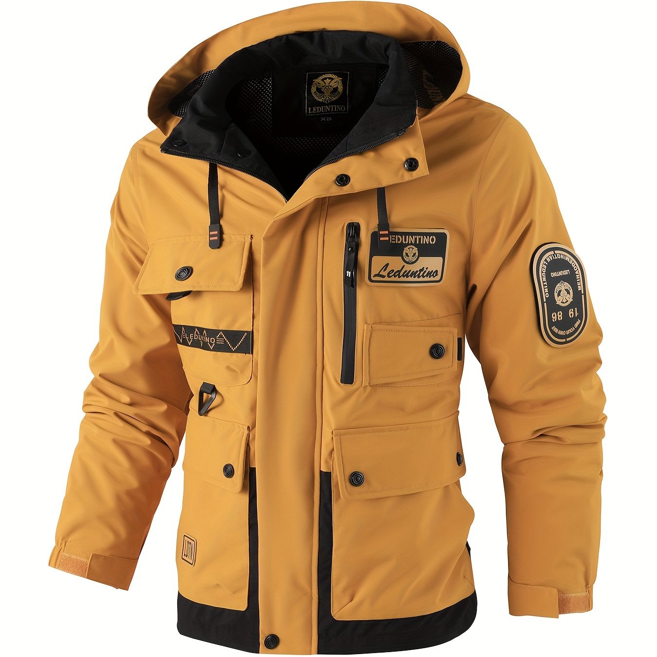LEDUNTINO Mens Stand Collar Hooded Multi Pocket Jacket