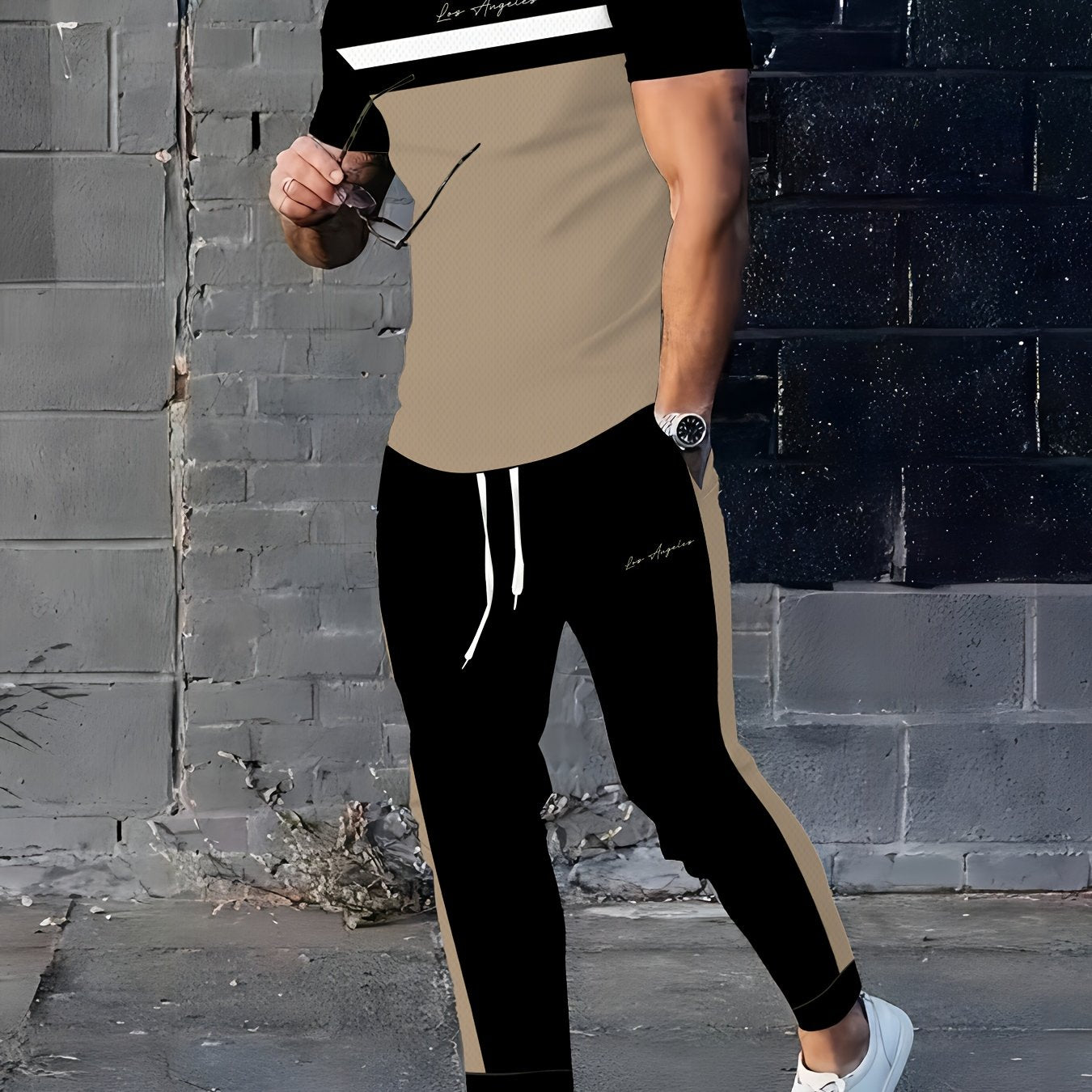 Mens Polyester Two Piece Athletic Set Casual Crew Neck