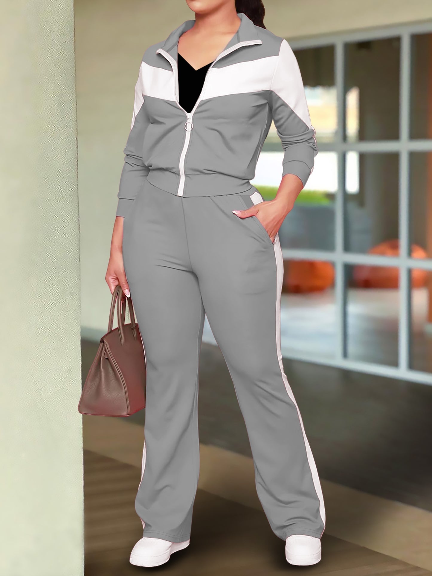 Women Fashion Sports Zip Up Jacket Casual Pants Set