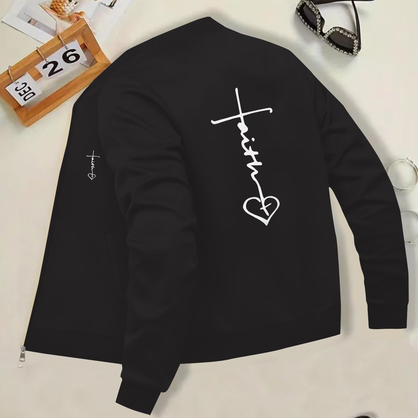 IHDP Faith Heart Print Casual Jacket Stand Collar ZipUp