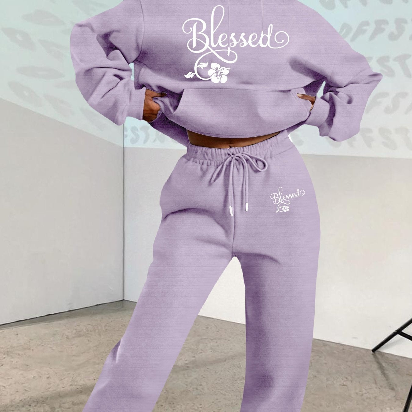 2025 Fall/Winter New Arrival, Creative Letter Graphic: Blessing Flower Sweatshirt Set with Casual Print Loose Warm Long-Sleeve Hooded Pullover and Elastic Drawstring Waist Pants Two-Piece Outfit