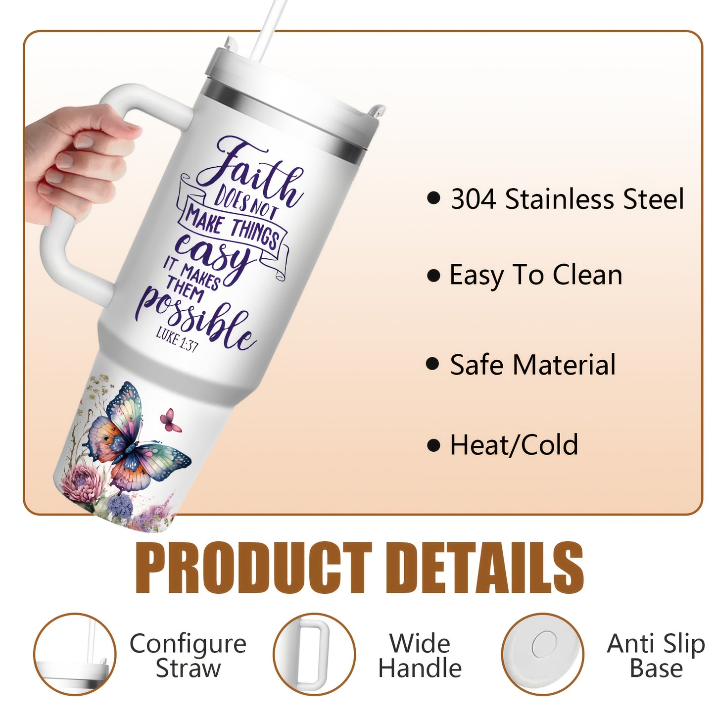 40oz Stainless Steel Insulated Coffee Cup with Lid & Straw - "Faith Doesn't Make Things Easy..."