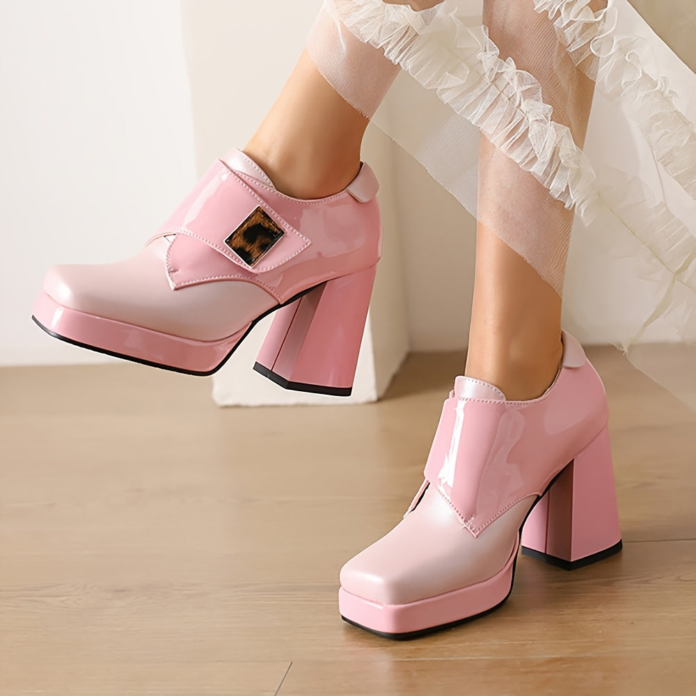 Women's Red PU Cover Mary Jane Dress Pumps High Heel Block Heel