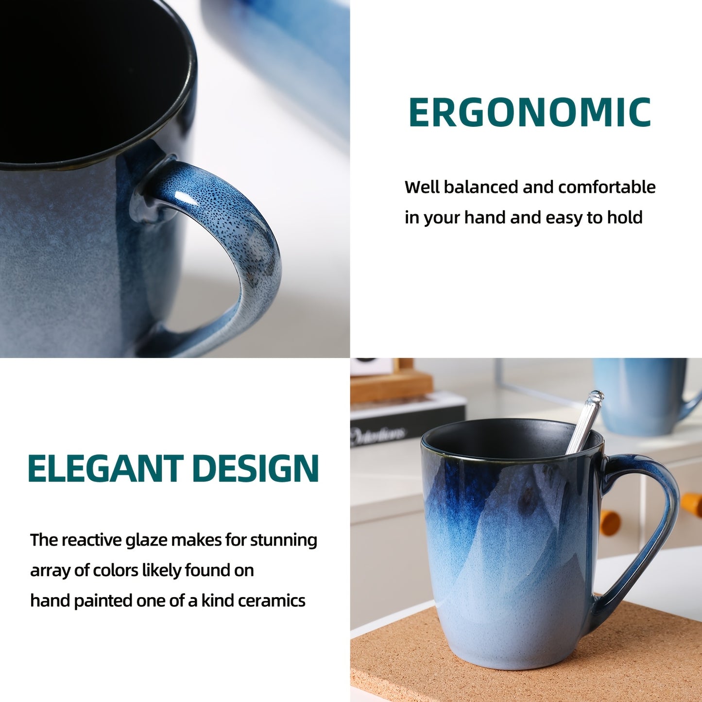 6pcs Set of Blue Ceramic Mugs 14oz, Durable, Stain Resistant, Elegant And Unique Ceramic Mugs