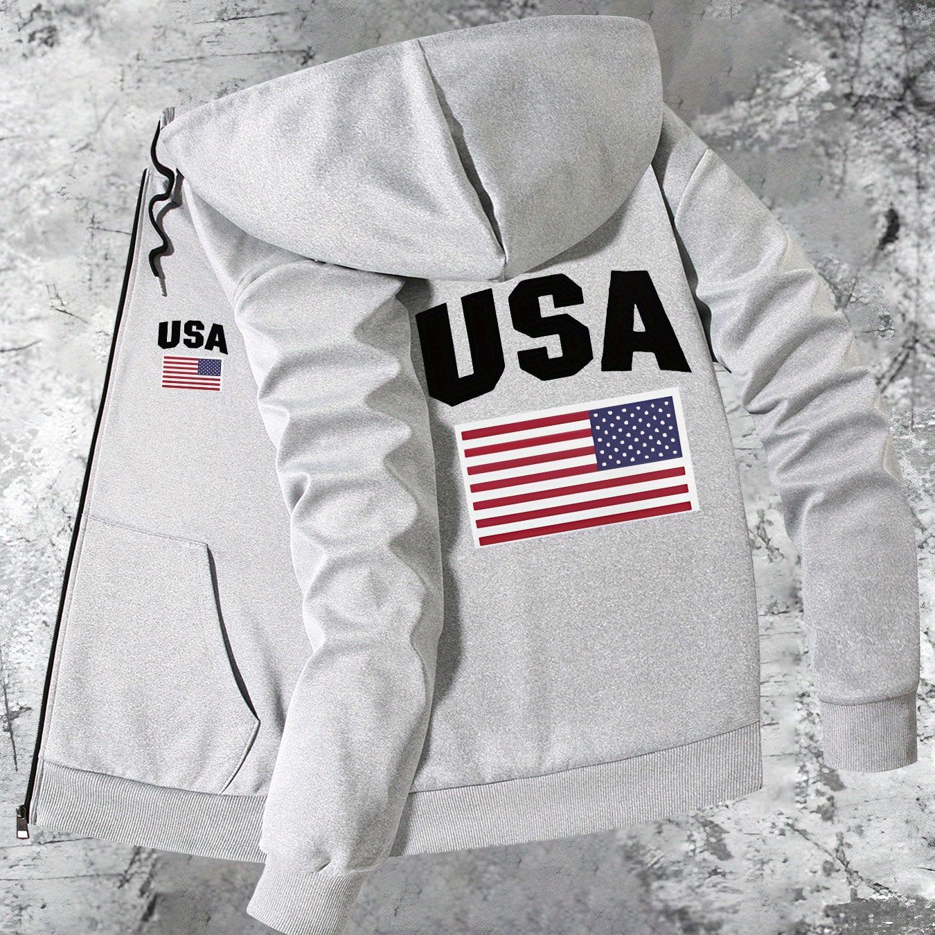 Patriotic USA Flag Print Hooded Slim Fit Jacket Zip Up