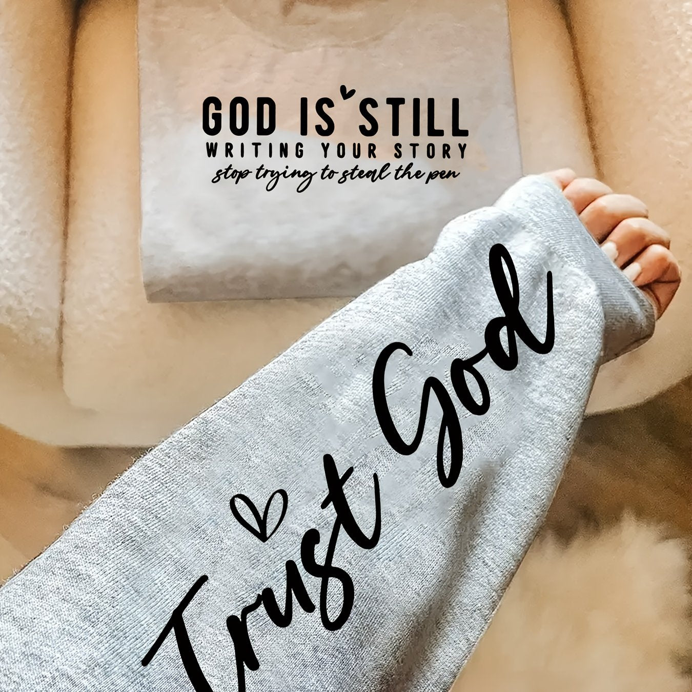 In His Divine Power Letter Print Pullover Sweatshirt Women