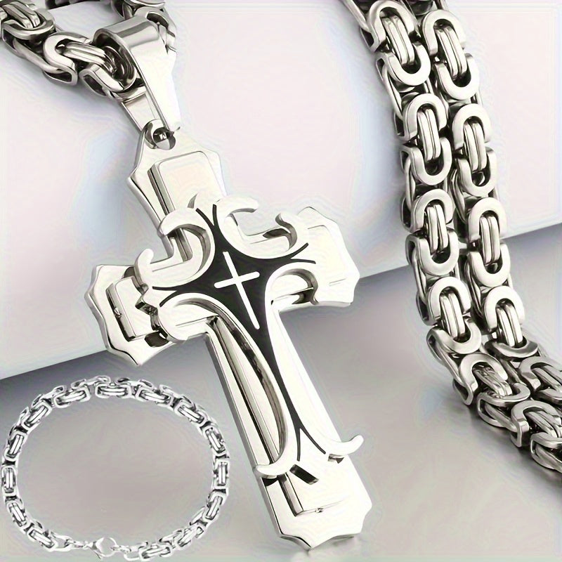 Men's Retro Cross Pendant Necklace and Simple Bracelet Set