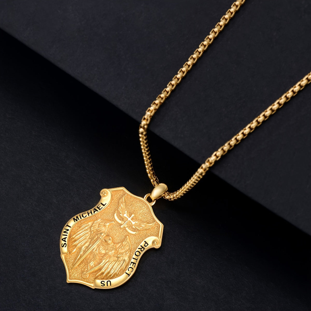 In His Divine Power Golden Plated Shield Necklace Pendant