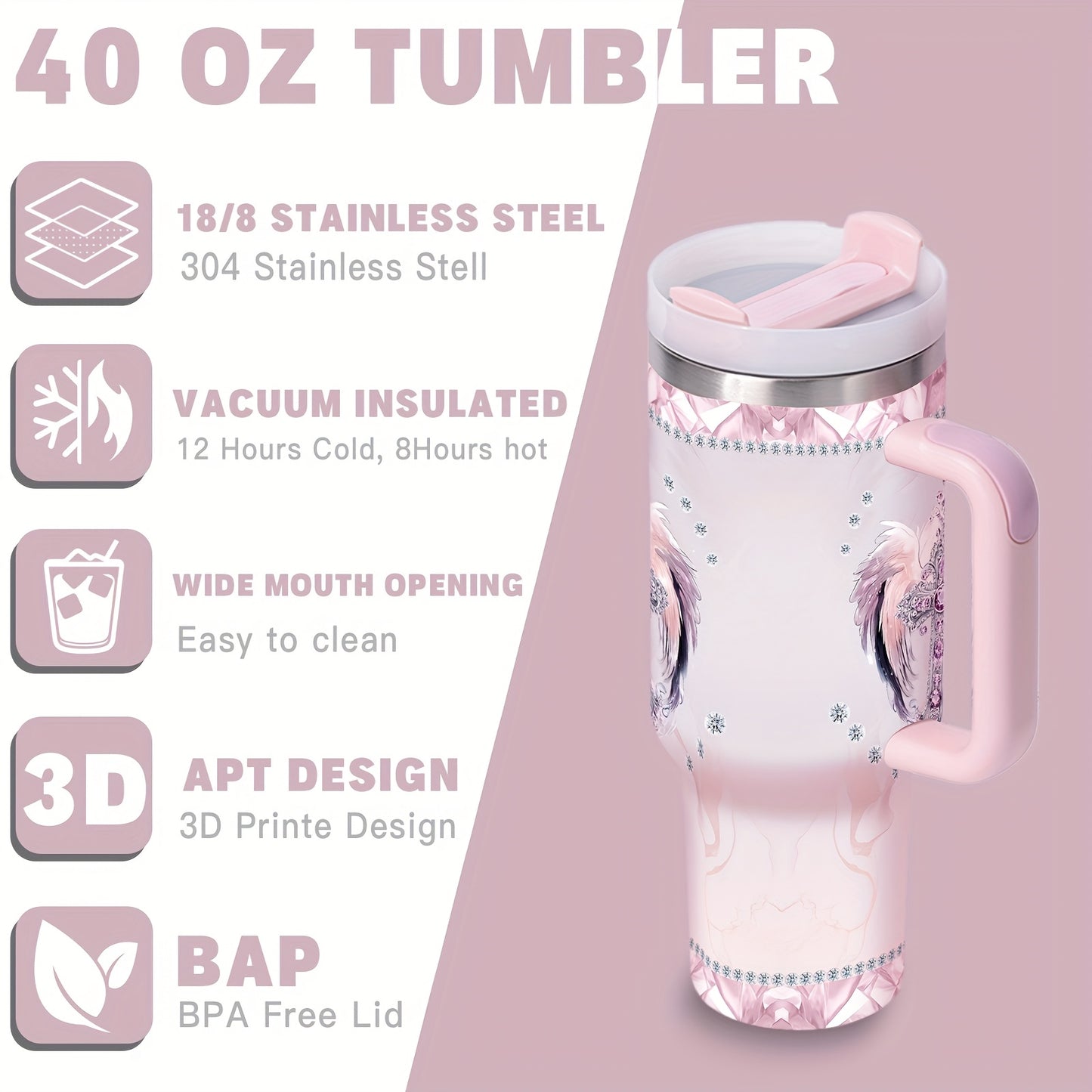 40oz Insulated Stainless Steel Tumbler with Straw & Lid - Elegant Cross & Wings Design