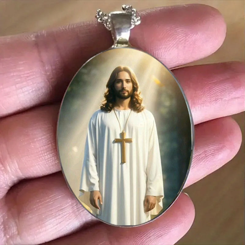 Vintage Glass Oval Pendant Necklace Jesus Cross Pattern