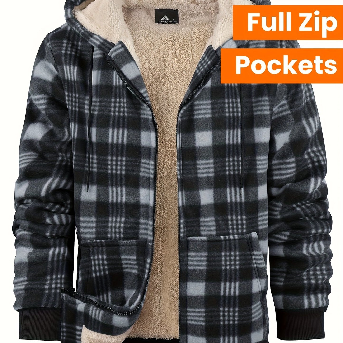 Divine Power Mens Plaid Fleece Hooded Jacket With Zipper