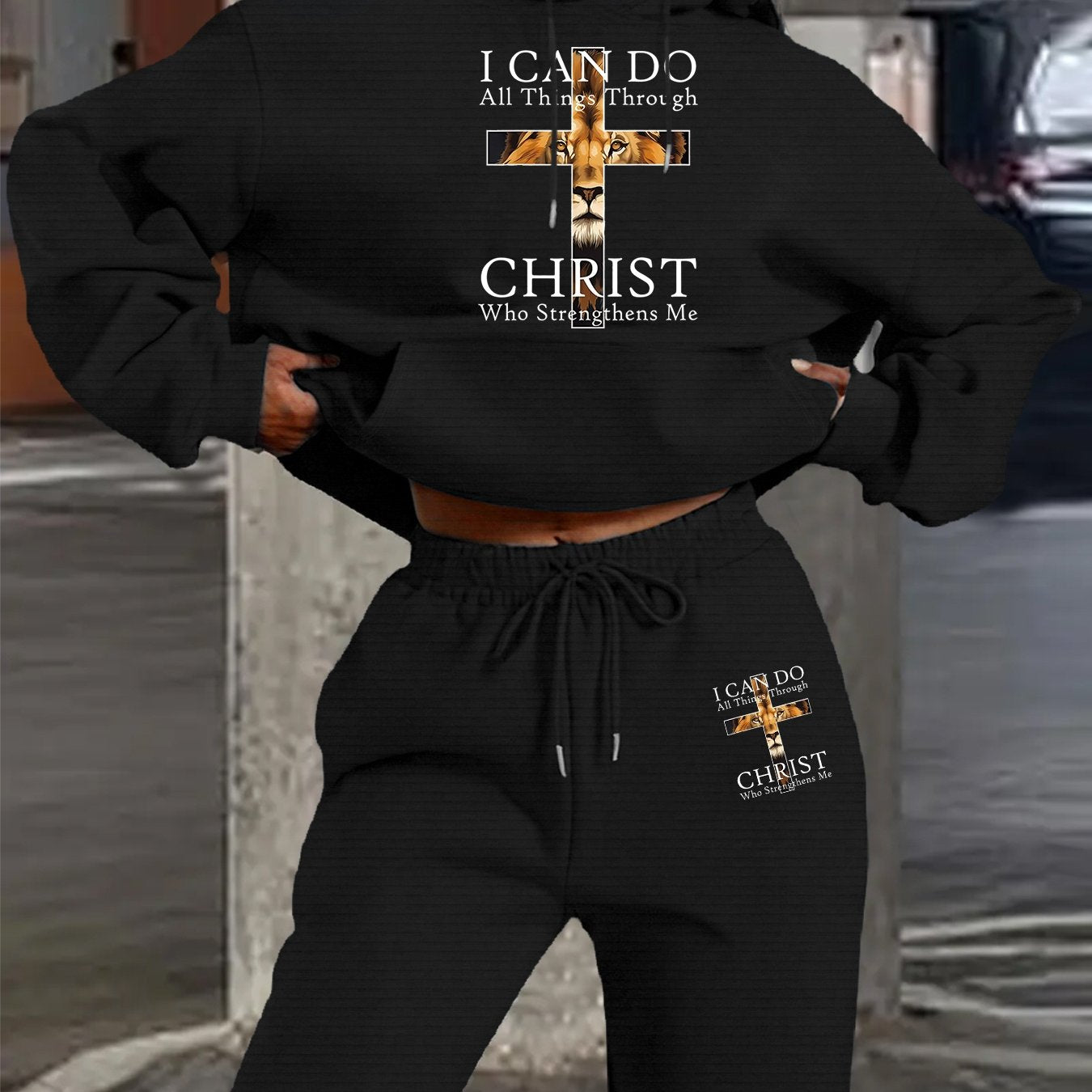 2025 Autumn Winter New Arrival, Christian Religious Letter Print Hoodie, Casual Loose Fit Warm Long Sleeve Pullover with Drawstring Waist and Pants Two-Piece Set, Women' Ribbed Two Piece Sweater Set, Airport Outfit For Women