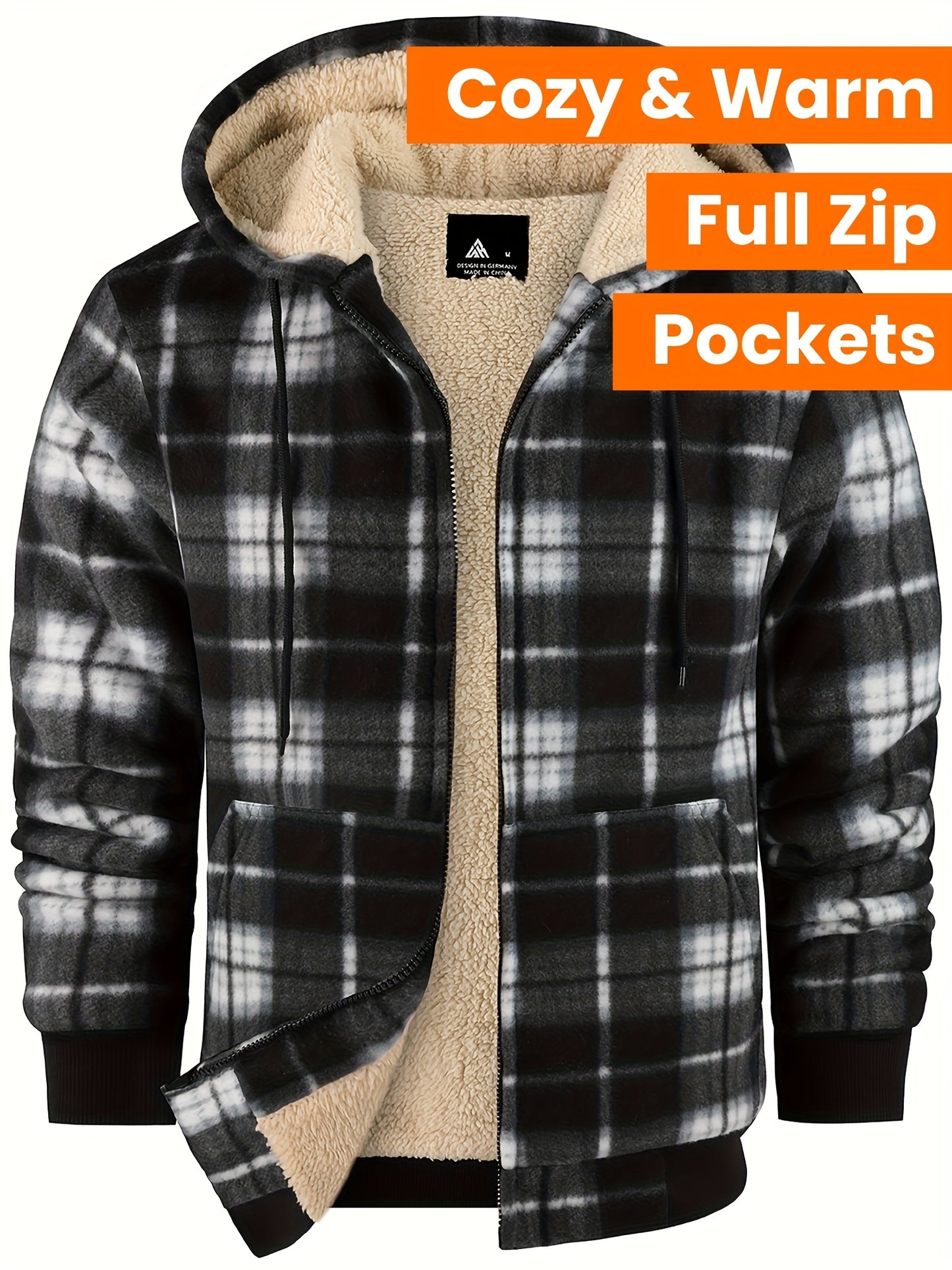 Divine Power Mens Plaid Fleece Hooded Jacket With Zipper