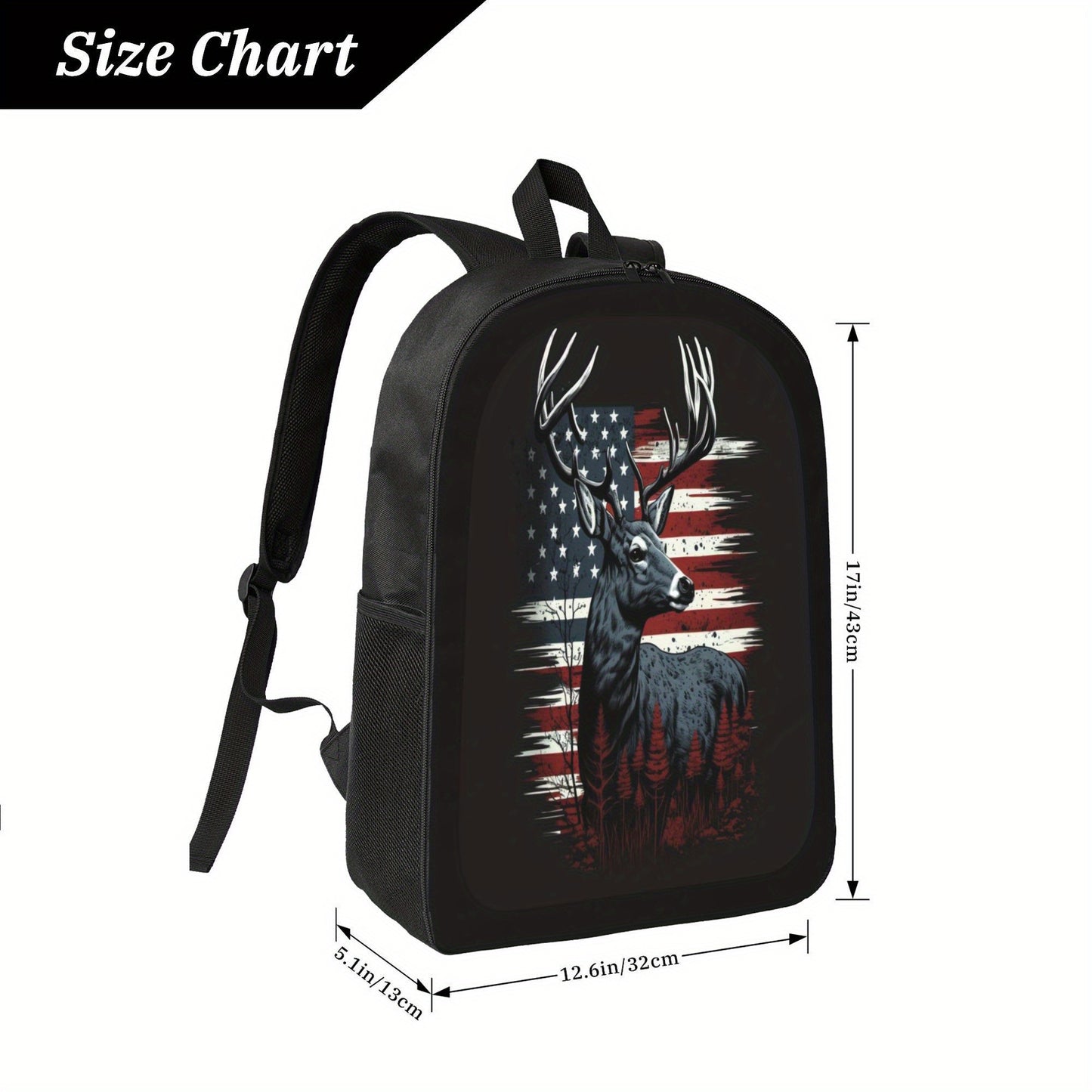 Stylish Black Backpack with Patriotic Deer Design