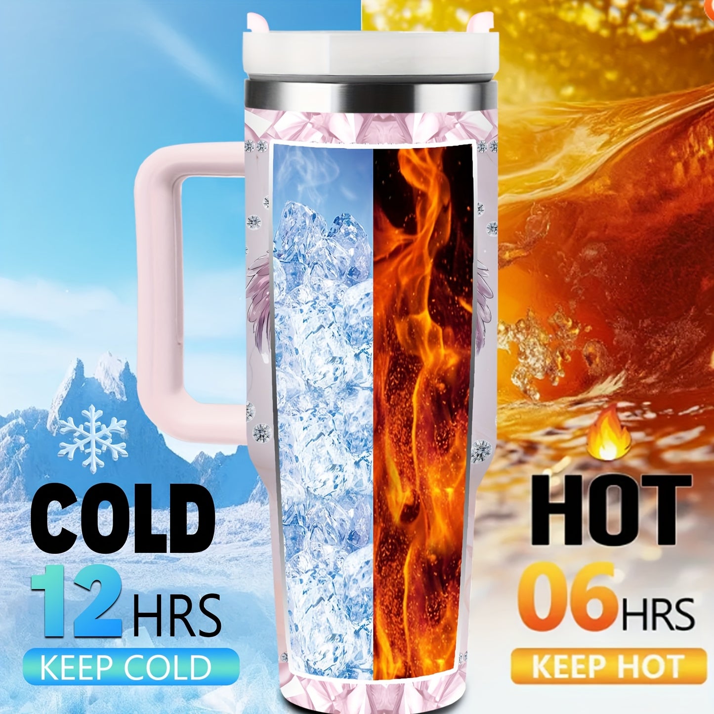 40oz Insulated Stainless Steel Tumbler with Straw & Lid - Elegant Cross & Wings Design