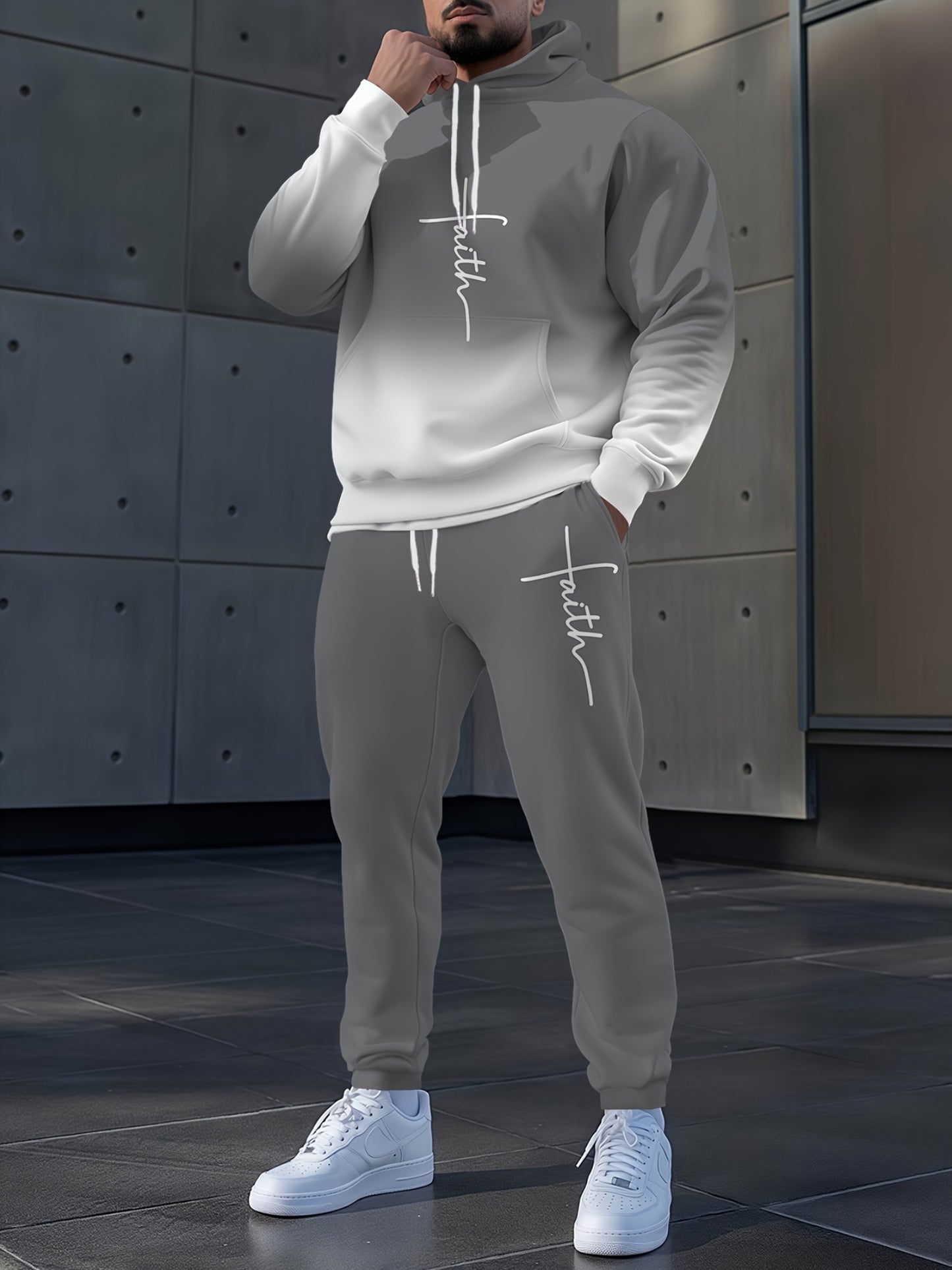 Gray Gradient Full-Body Print Hoodie & Sweatpants Set - Casual Long Sleeve Pullover