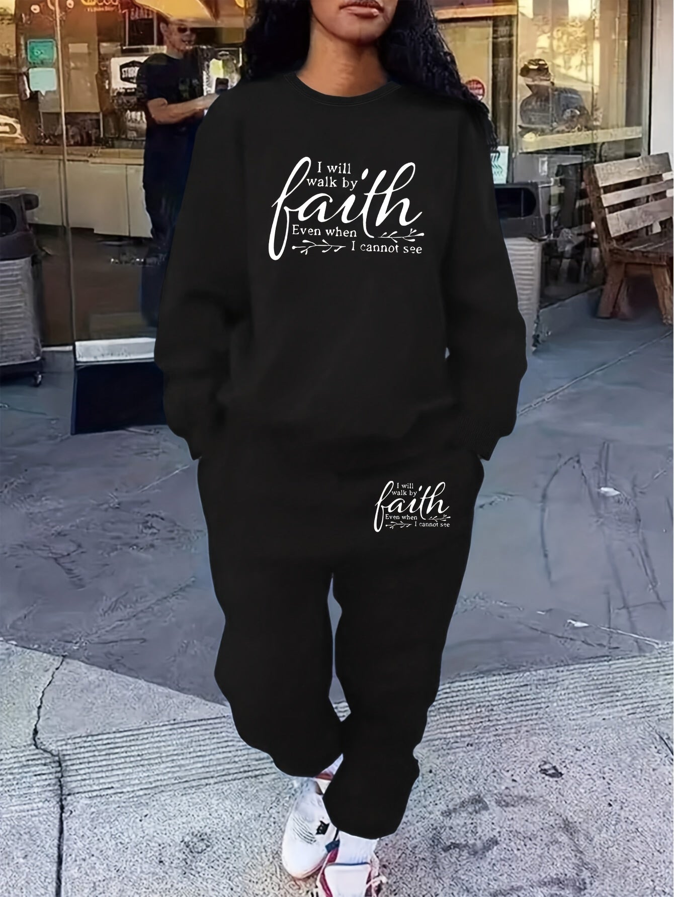 Womens Letter Print TwoPiece Set Crew Neck Sweatshirt Pants