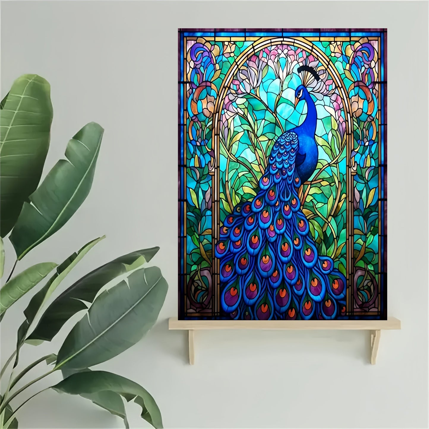 1pc Peacock Stained Glass Style Wrapped Canvas Artwork