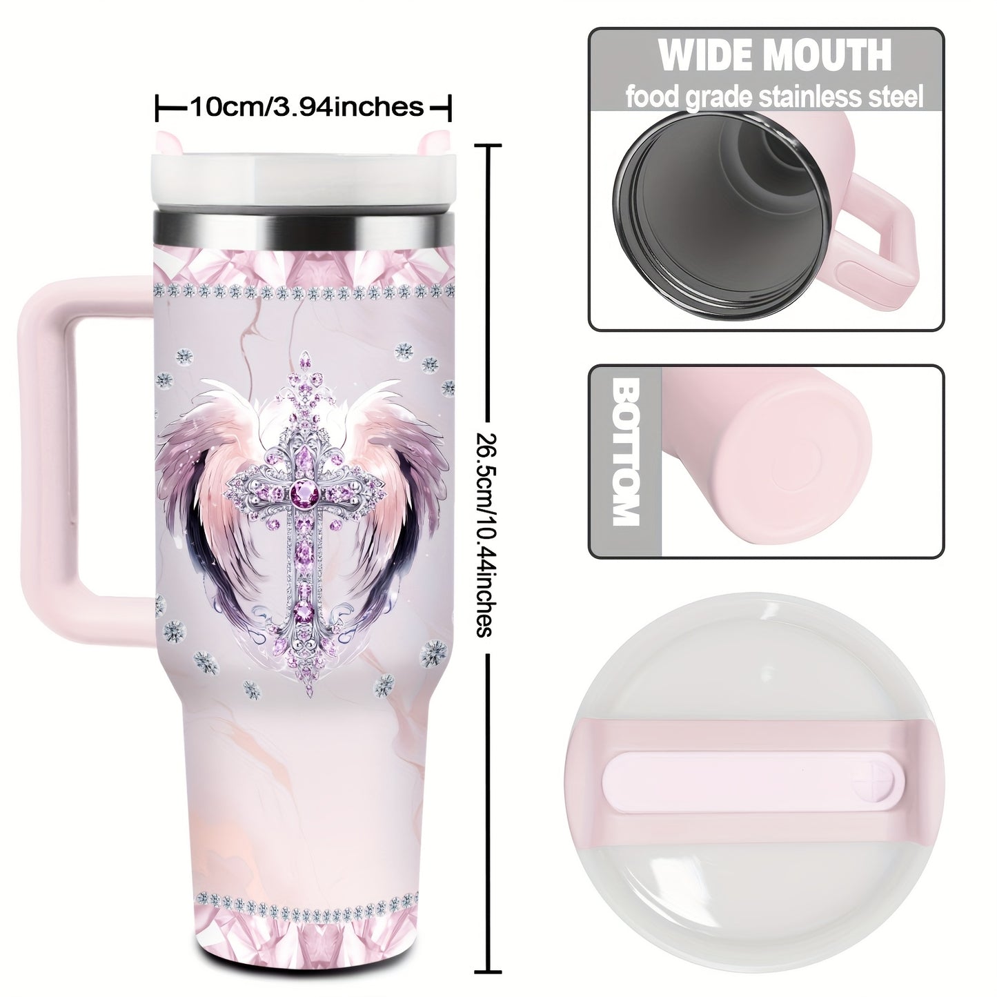 40oz Insulated Stainless Steel Tumbler with Straw & Lid - Elegant Cross & Wings Design