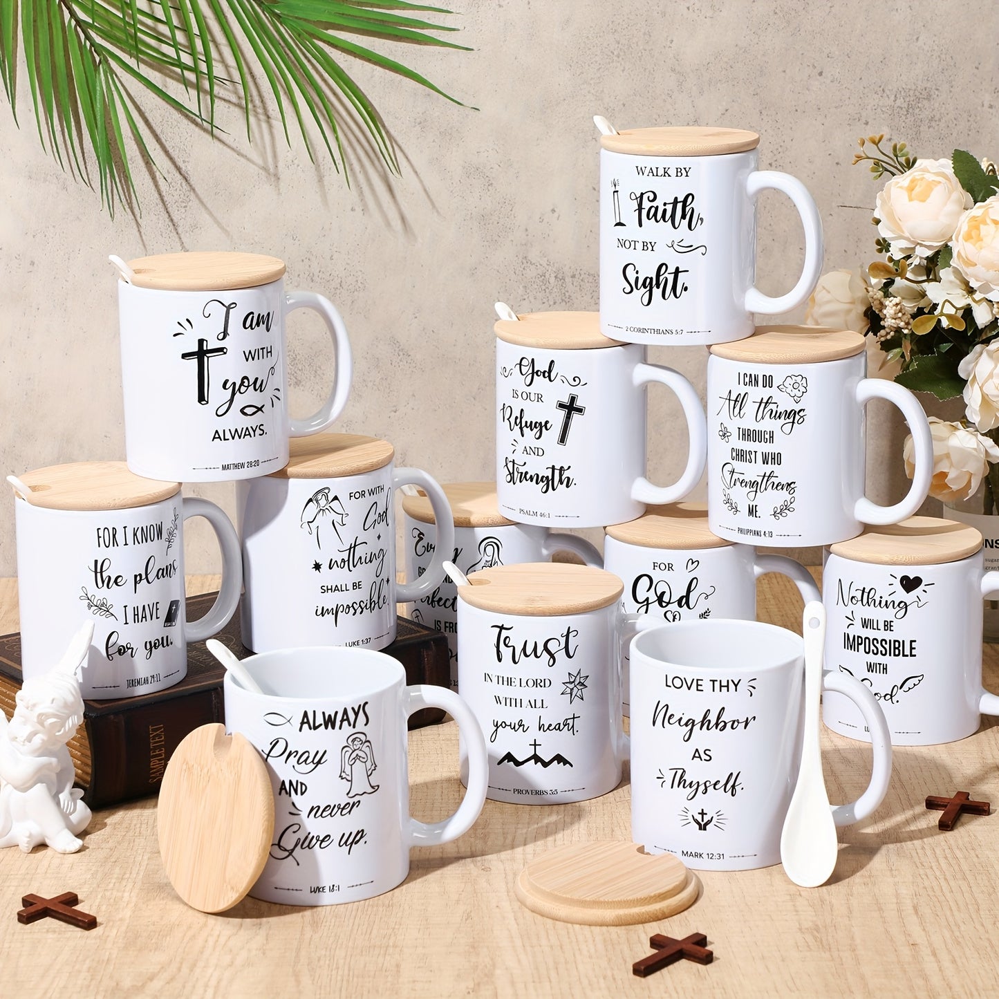 12 Sets of Christian 12oz Ceramic Coffee Mugs with Lid & Spoon, Inspirational Bible Verses