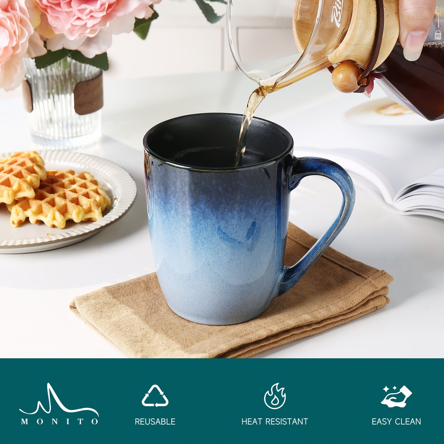 6pcs Set of Blue Ceramic Mugs 14oz, Durable, Stain Resistant, Elegant And Unique Ceramic Mugs