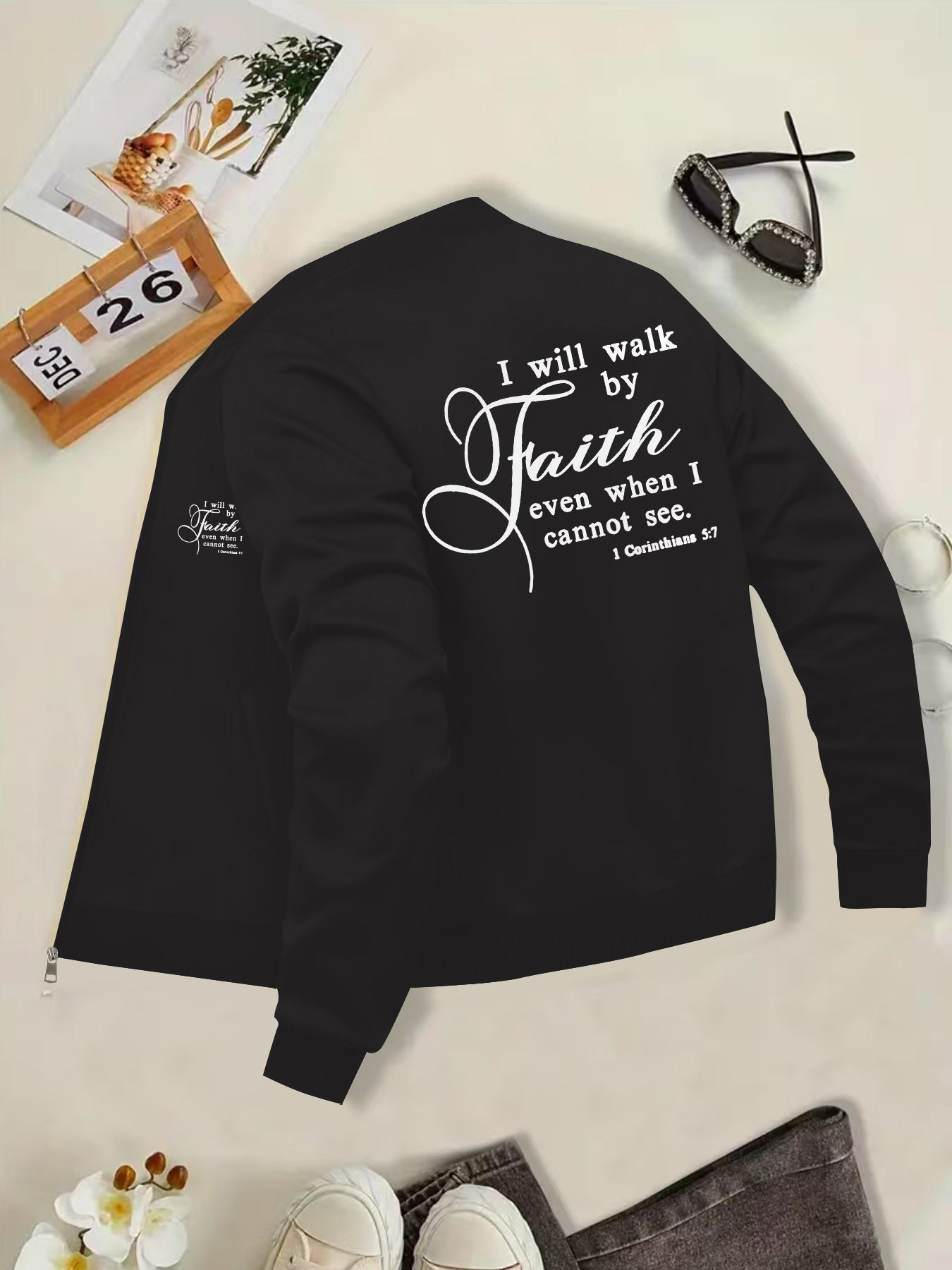Women's Inspirational Faith Print Black Jacket by In His Divine Power