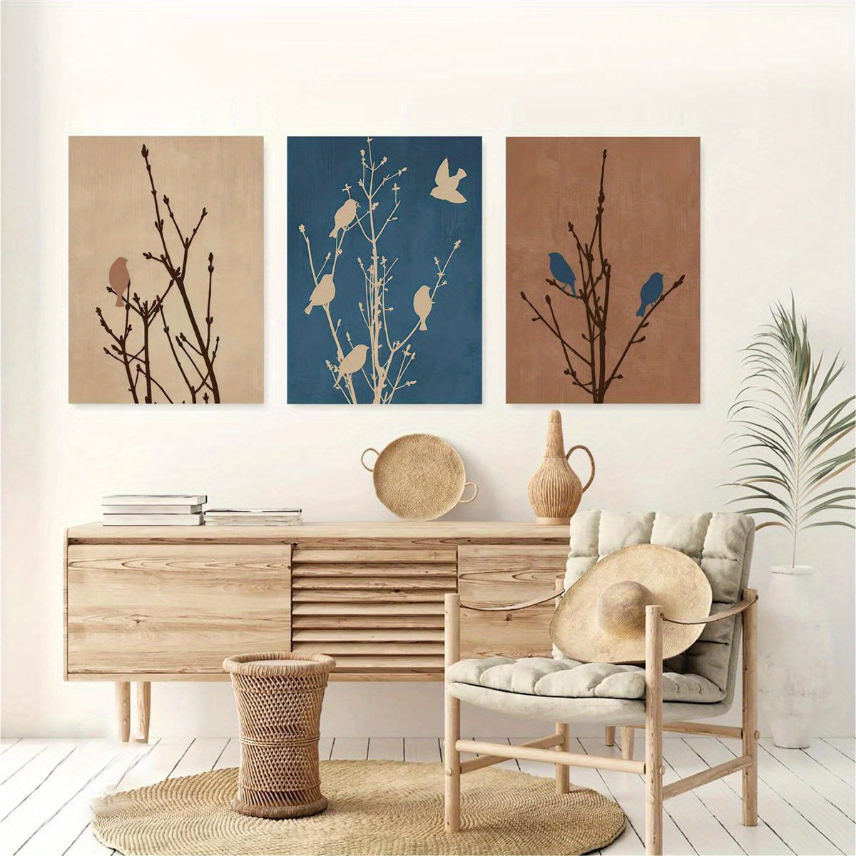 3 Pieces 2D Flat Bird Perch Art Decoration Wrapped Canvas Wall Art