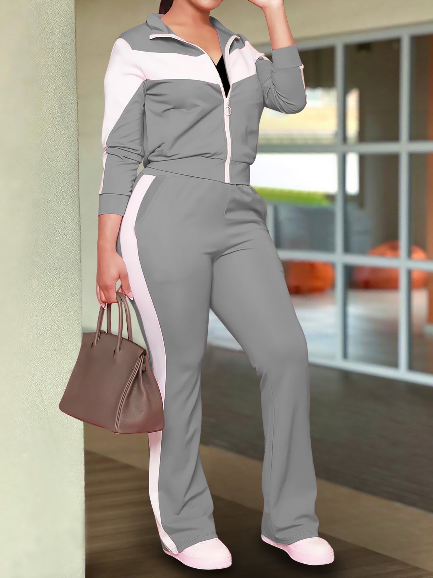 Women Fashion Sports Zip Up Jacket Casual Pants Set