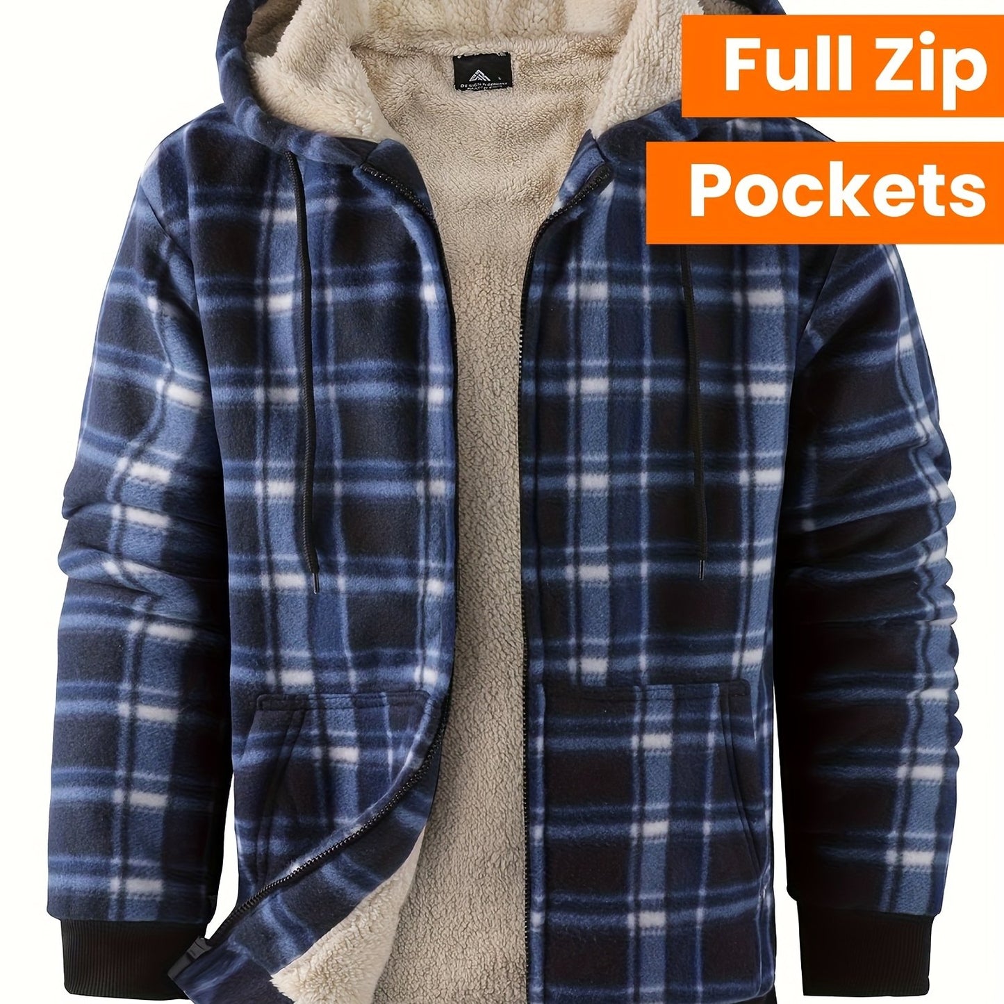 Divine Power Mens Plaid Fleece Hooded Jacket With Zipper