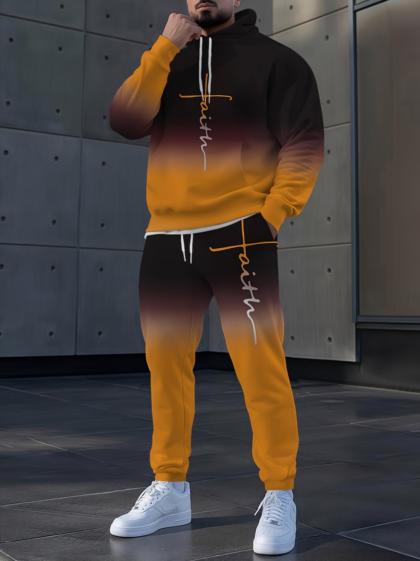 Gray Gradient Full-Body Print Hoodie & Sweatpants Set - Casual Long Sleeve Pullover