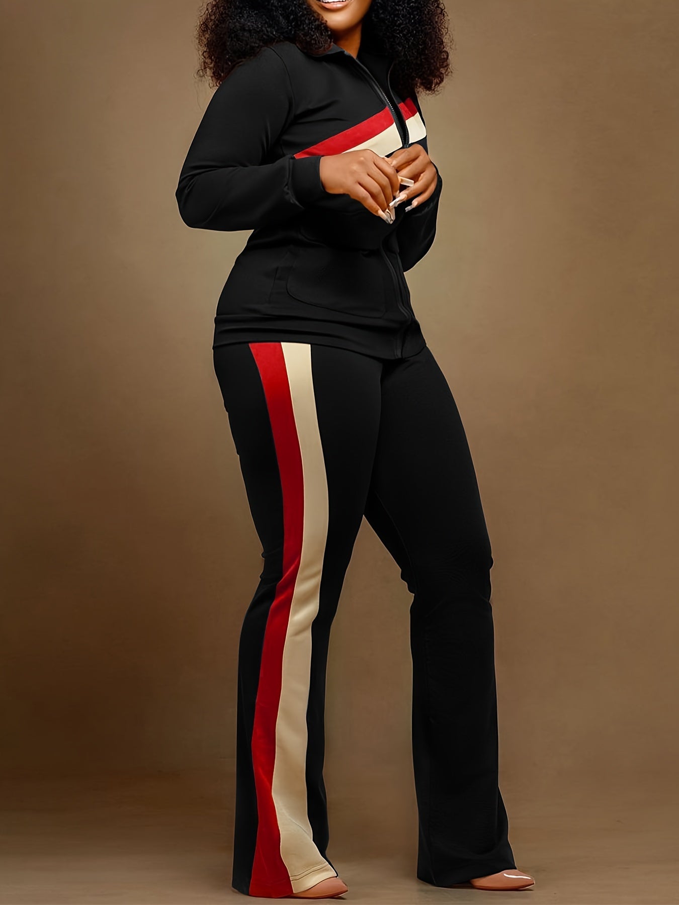 Autumn Striped Zipper Cardigan And Wide Leg Pants Set