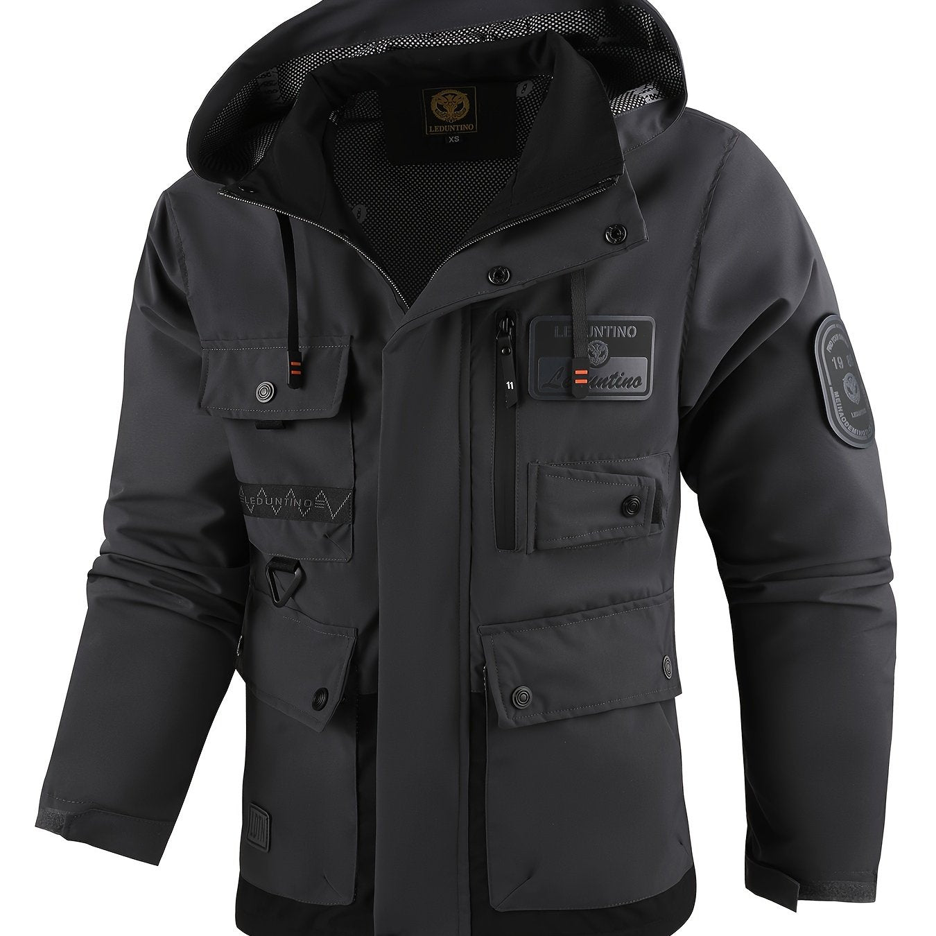 LEDUNTINO Mens Stand Collar Hooded Multi Pocket Jacket