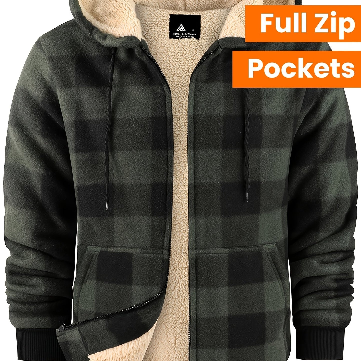 Divine Power Mens Plaid Fleece Hooded Jacket With Zipper