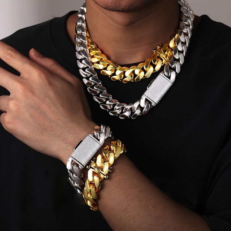 Men's Zirconium Necklace Bracelet Set Durable Stainless Steel