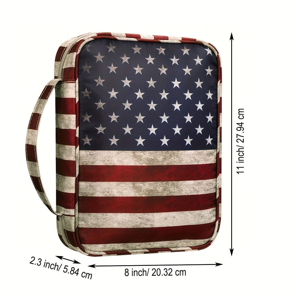 American Flag PU Leather Bible Cover with Handle and Zippered Pocket
