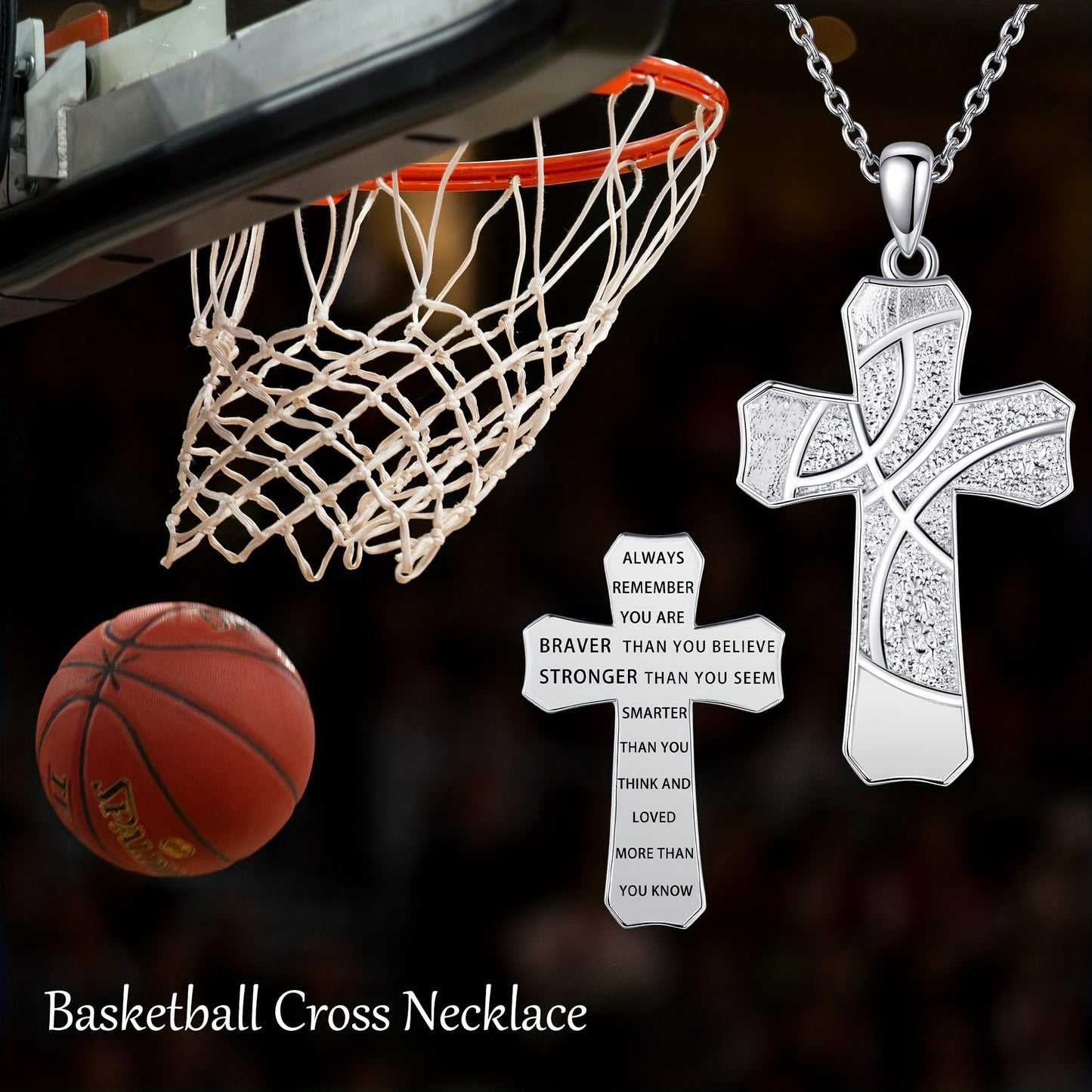 Sterling Silver Basketball Cross Necklace Pendant Jewelry