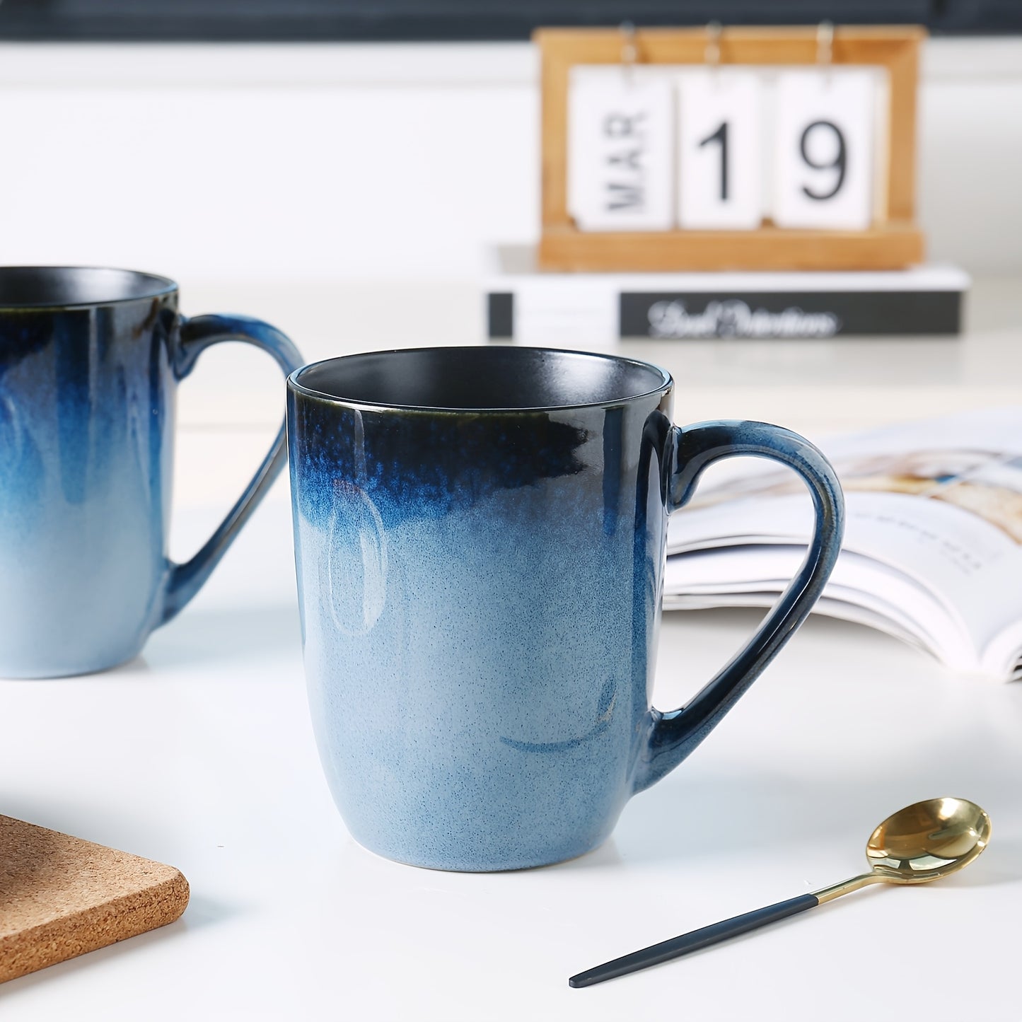 6pcs Set of Blue Ceramic Mugs 14oz, Durable, Stain Resistant, Elegant And Unique Ceramic Mugs