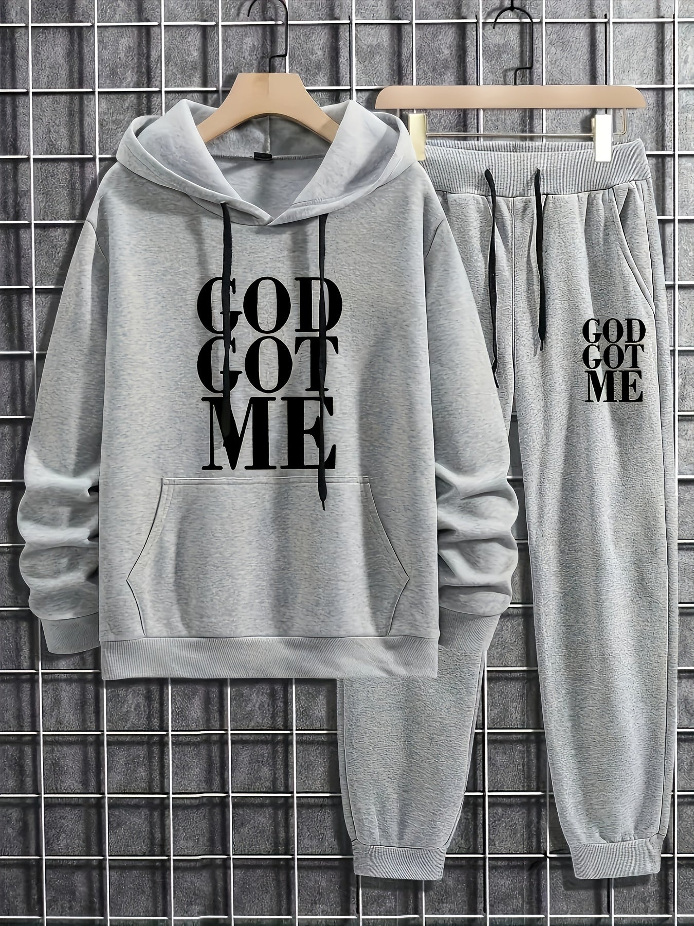 Men's Casual Polyester Hoodie and Sweatpants with God Got Me Print