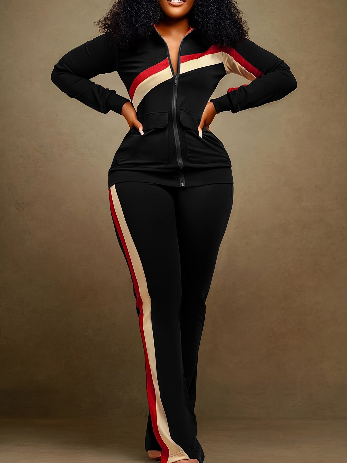 Autumn Striped Zipper Cardigan And Wide Leg Pants Set
