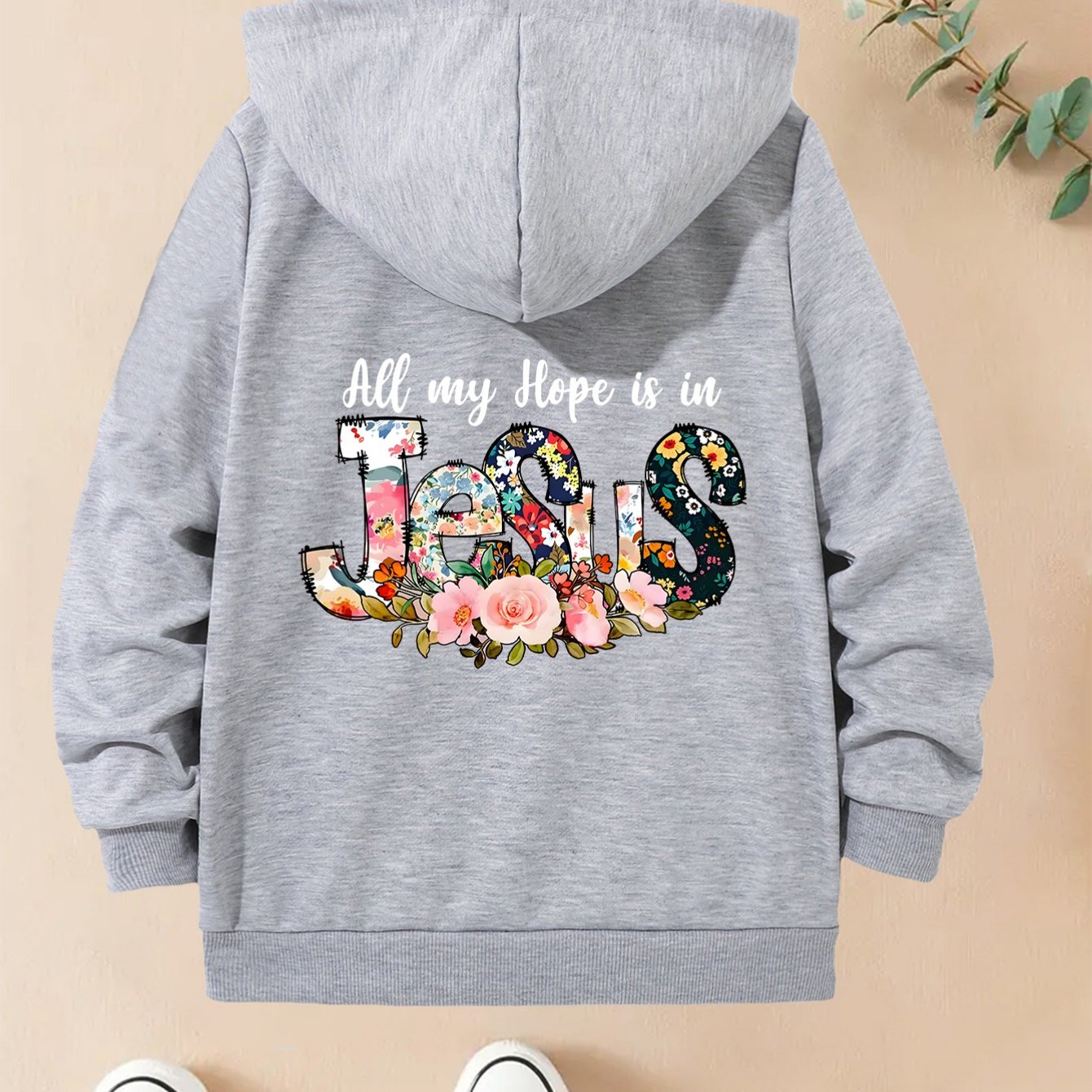 Long Sleeve Hooded Zip Up Sweatshirt With Jesus Print