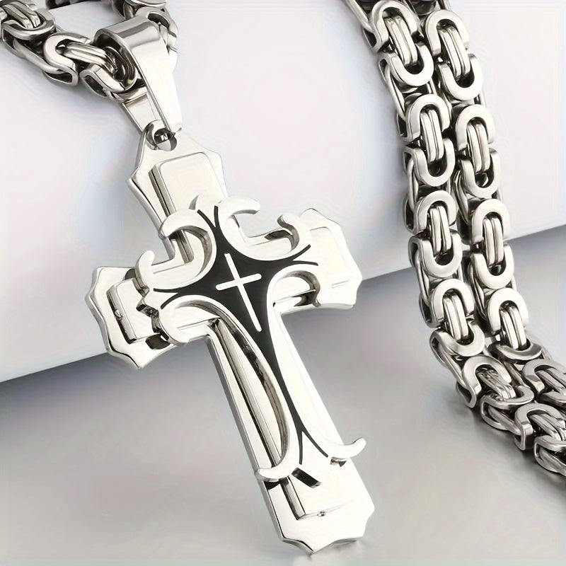 Men's Retro Cross Pendant Necklace and Simple Bracelet Set